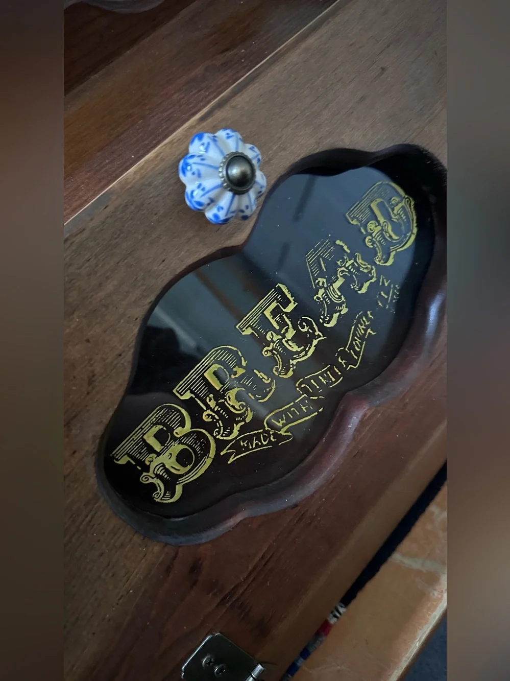 Amish Wooden Bread Box with Decorative Glass Panel